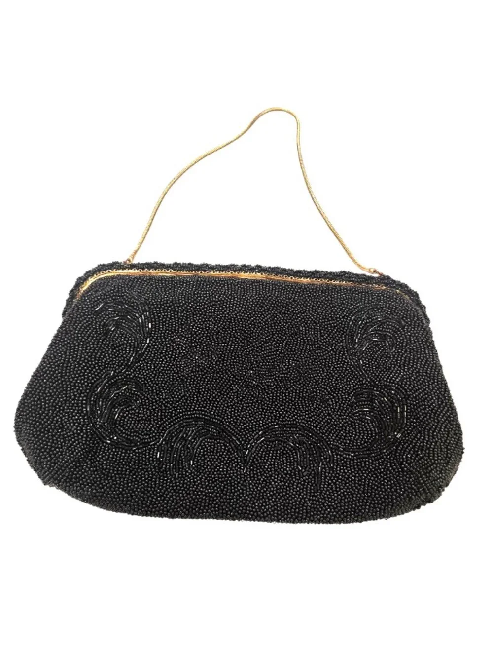 Vintage 1930's Black Seed-Beaded Scrollwork Evening Bag Hand Made in France Gold